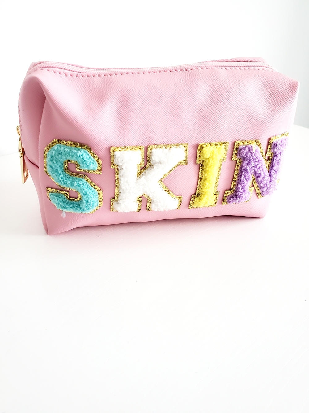 Pink Cosmetic Pouch with 'SKIN' Chenille Lettering